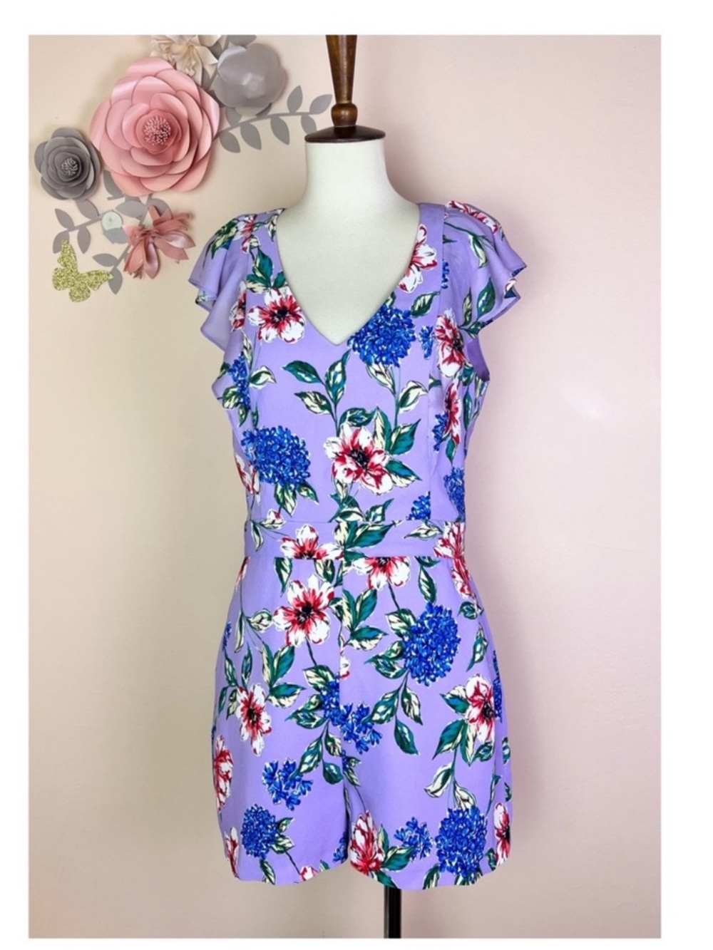 New! Parker Ana Floral Romper Purple Blue Red Flutter Sleeve V-Neck - Picture 3 of 8